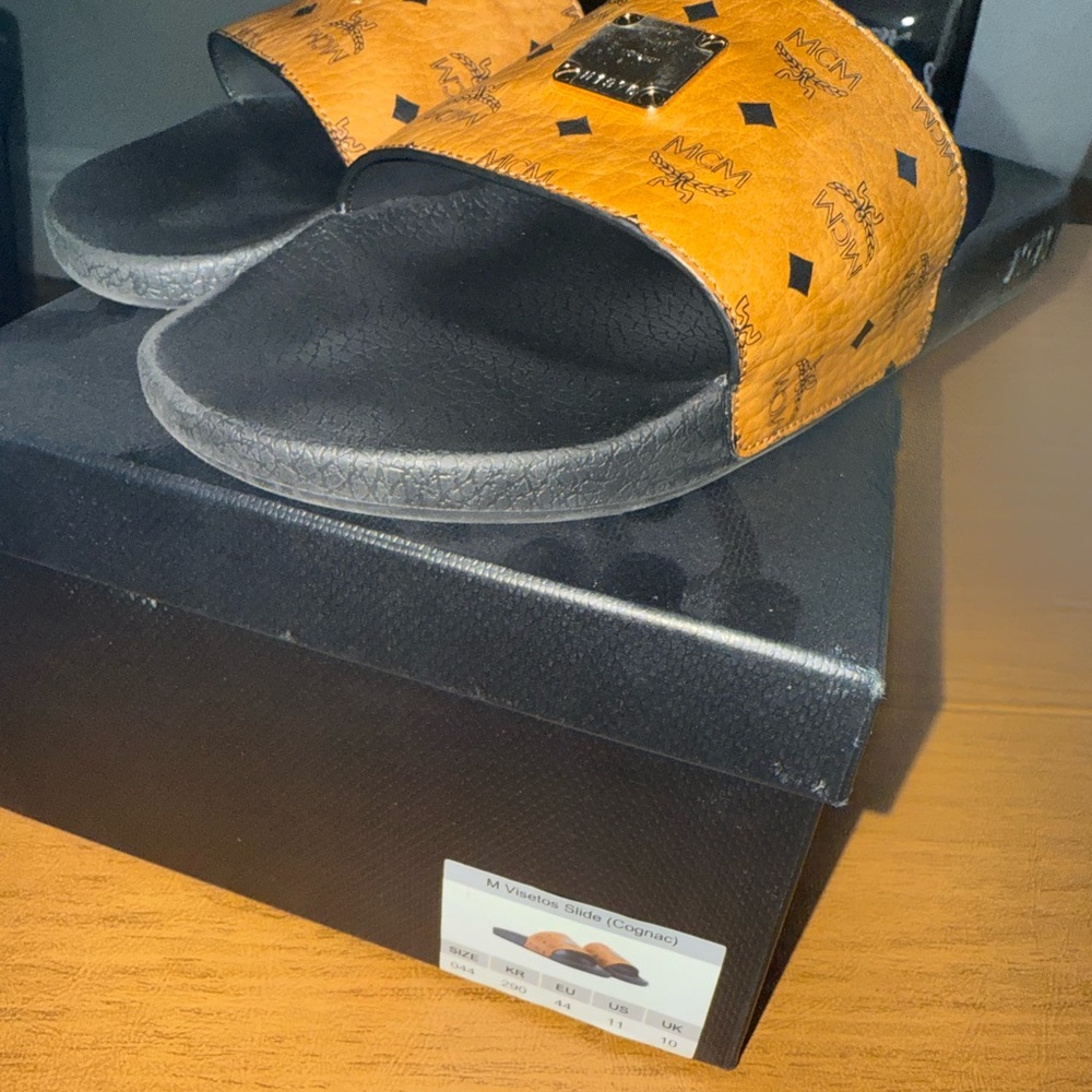 MCM Men's Tan and Black Slide Sandals